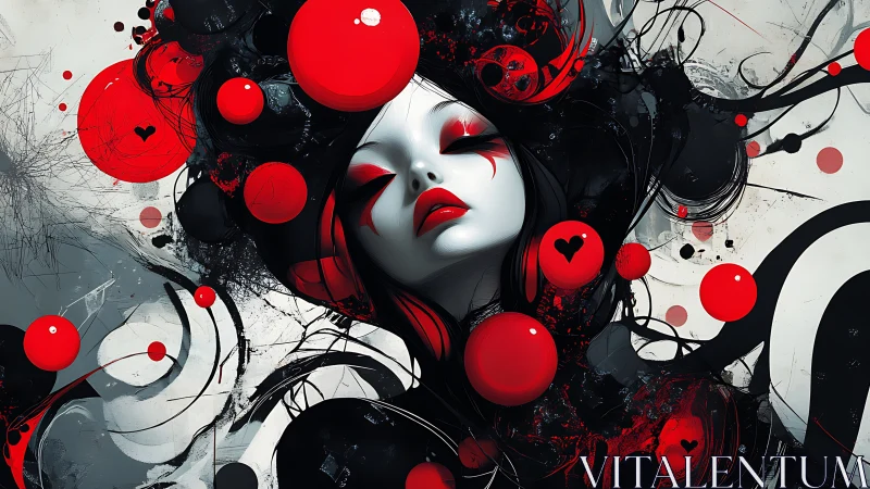 Scarlet dreamscape portrait in swirling abstract orbits.