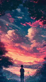 Silhouetted figure observes layered sunset sky over water