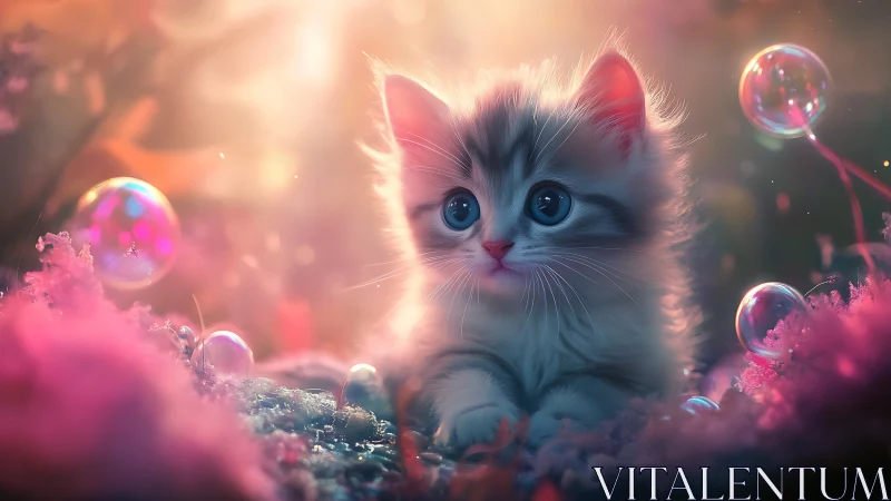 Ethereal Kitten Surrounded by Iridescent Bubbles and Cosmic Light.