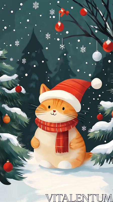 Cozy Christmas cat smiles warmly in a snowy forest scene