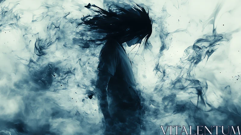 Silhouetted figure amid swirling dark smoke forms.