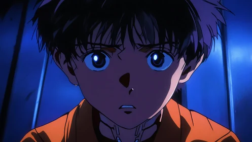 Central close-up shows anime boy under strong blue lighting