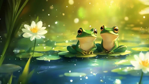 Bioluminescent pond tableau with luminous anthropic frogs.