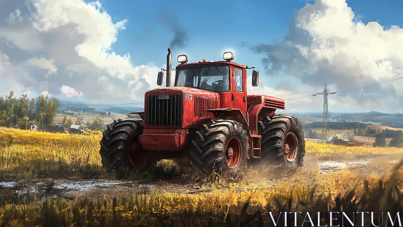 Red heavy tractor powers through wet golden farmland.