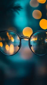Round glasses isolate sharp bokeh lights in teal haze