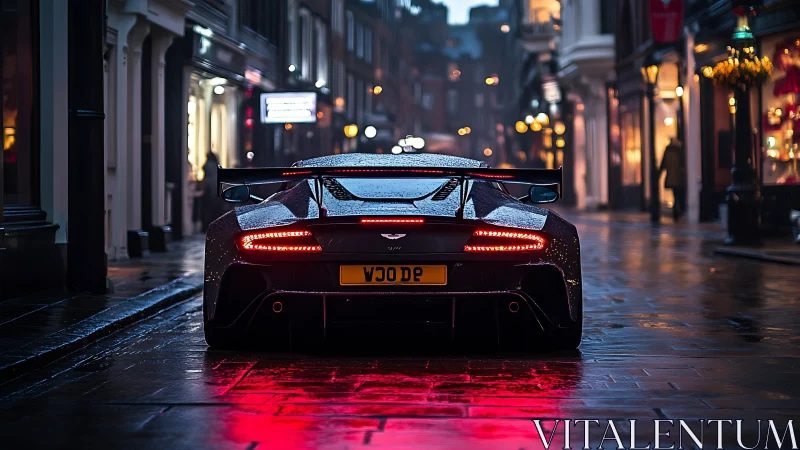 Aerodynamic supercar rear in rain-soaked urban lightscape.