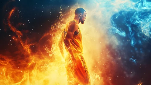 Fiery basketball player walking through split flame cosmos.