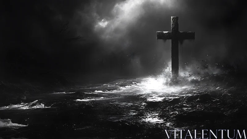 Dark river landscape with lone stone cross in harsh light.