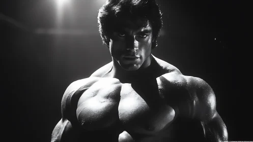 Moody spotlight portrait of determined bodybuilder strength.