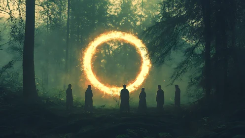 Silhouetted figures encircle a fiery portal ring in dense misty forest