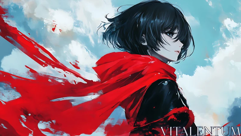 Red-caped figure stands in profile against cloudy sky backdrop