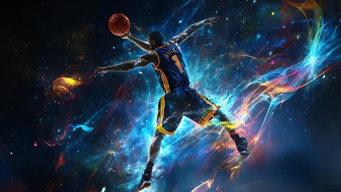 Digital illustration of basketball player in cosmic motion.