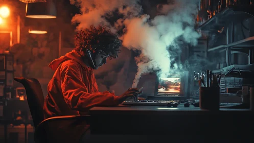Person in dim office operating computer with rising smoke.