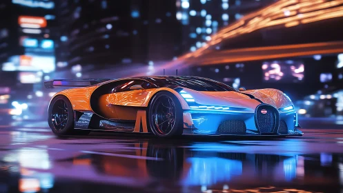 Orange and blue hypercar in neon lit futuristic city street.