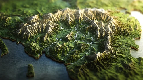 3D relief landscape map with sculpted alpine watershed terrain.