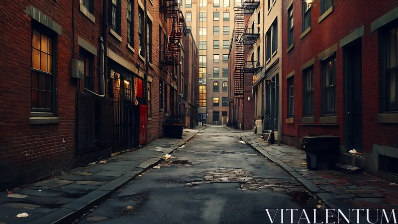 Narrow urban alley with wet pavement and brick facades.