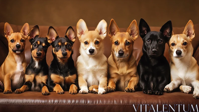 Couch council of big-eared puppies plotting gentle chaos.