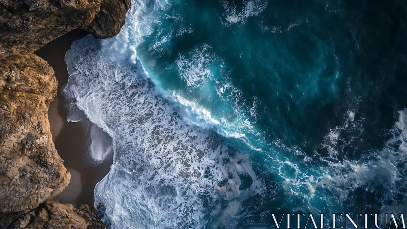 Waves crash against rugged cliffs in a dramatic aerial seascape.