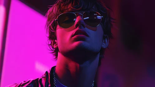 Young man in sunglasses lit by strong neon magenta glow