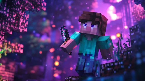 Voxel game explorer with sword in neon bioluminescent forest