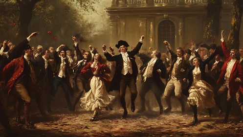 Revolutionary crowd dances under autumn light in square.