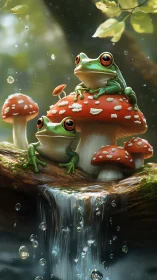 Tree frogs rest on red mushrooms above a sparkling forest fall