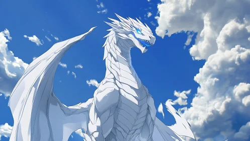 White dragon with blue eyes against bright clouded sky.