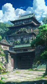 Sunlit mountain temple gate under towering summer clouds.