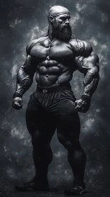 Titan of steel-gray muscle commands a stormlit void