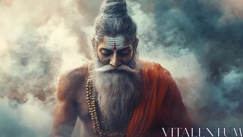 Stormclouds cradle a saffron sage sunk in cosmic silence