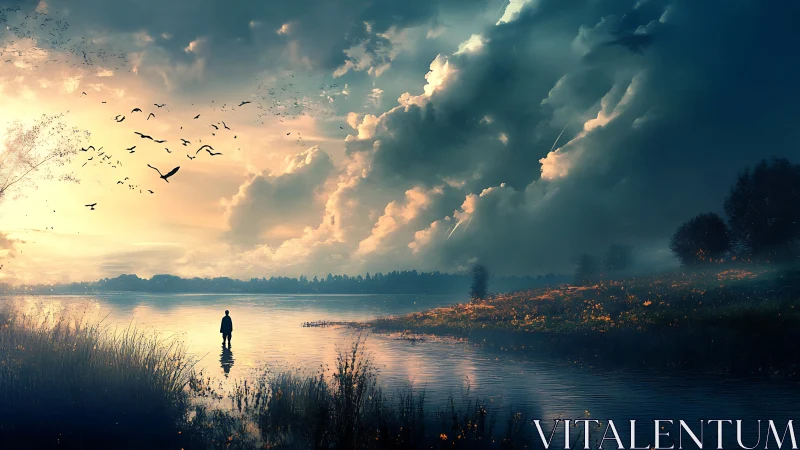 Solitary figure stands in shallow lake under dramatic clouded sky