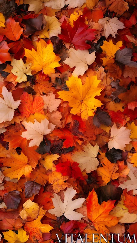 Golden carpet of autumn leaves in warm sunset hues.