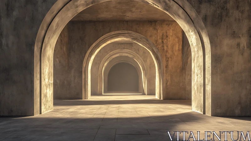 Sunlit concrete arcade with repeating barrel vault arches