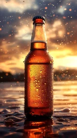 Sunlit beer bottle glows against a dramatic sunset sky.