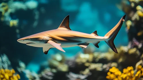 Sleek reef shark glides through a sunlit coral seascape.