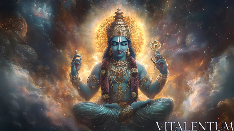 Radiant cosmic deity seated in peaceful golden starlight.