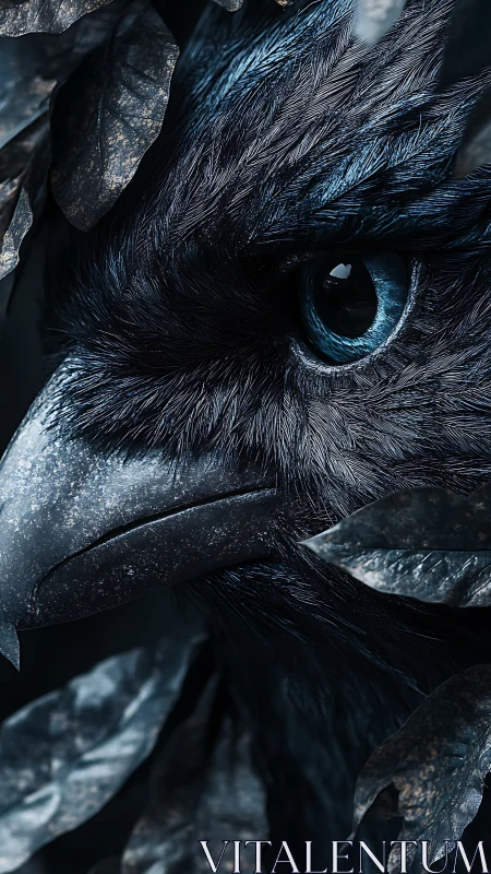 Digital close-up of corvid head with detailed blue feathers