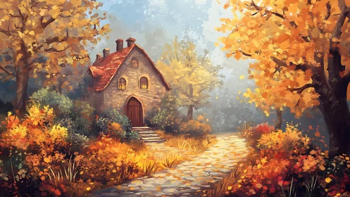 Stone cottage nestles amid glowing autumn forest path.