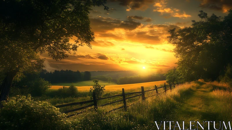 Rural field at sunset with path, trees and wooden fence.