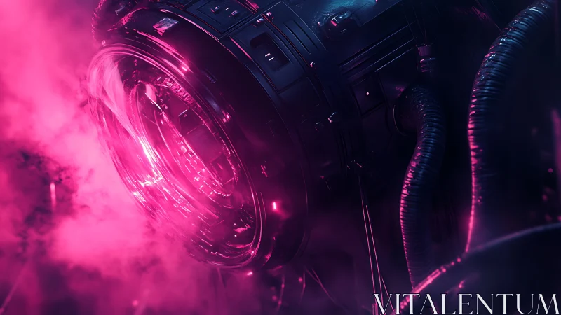 Cylindrical sci fi machine glows with intense magenta light