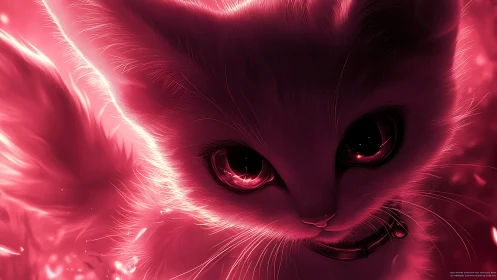 Neon pink cyber feline portrait with glowing eyes.