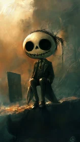 Skeleton-headed figure in suit on ledge in eerie light.