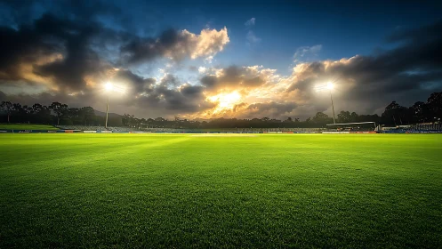 Floodlit sports field under dramatic evening sky view.