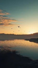 Sunrise reflects on calm lake while birds cross bright horizon