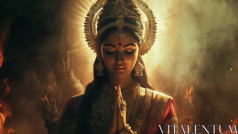 Divine-inspired woman in ornate attire prays amid glowing light