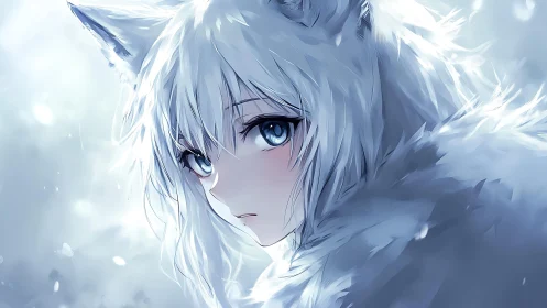 Snowy fox girl gazes back through icy winter light.