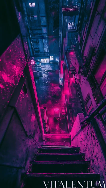 Neon magenta stairwell descends toward reflective cyberpunk alley
