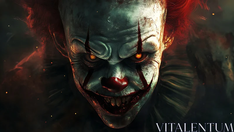Sinister horror clown glares with fiery, malevolent eyes.