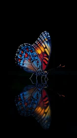Colorful butterfly with reflective surface on black background.
