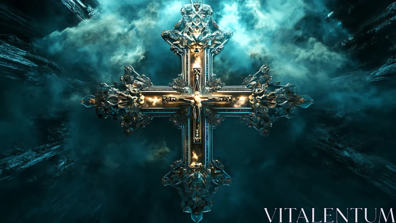 Ornate metallic cross rendered in glowing cinematic 3D scene